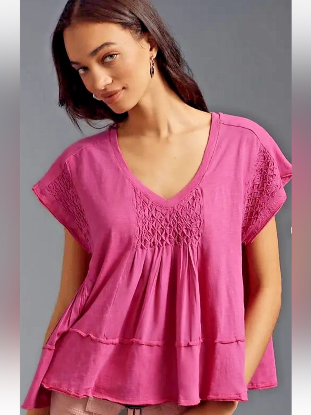 Anthropologie Pink Smocked V-Neck Tiered